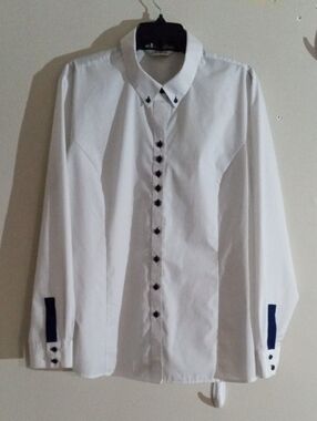 Classic White Button-Up Shirt with Contrast Navy Accents